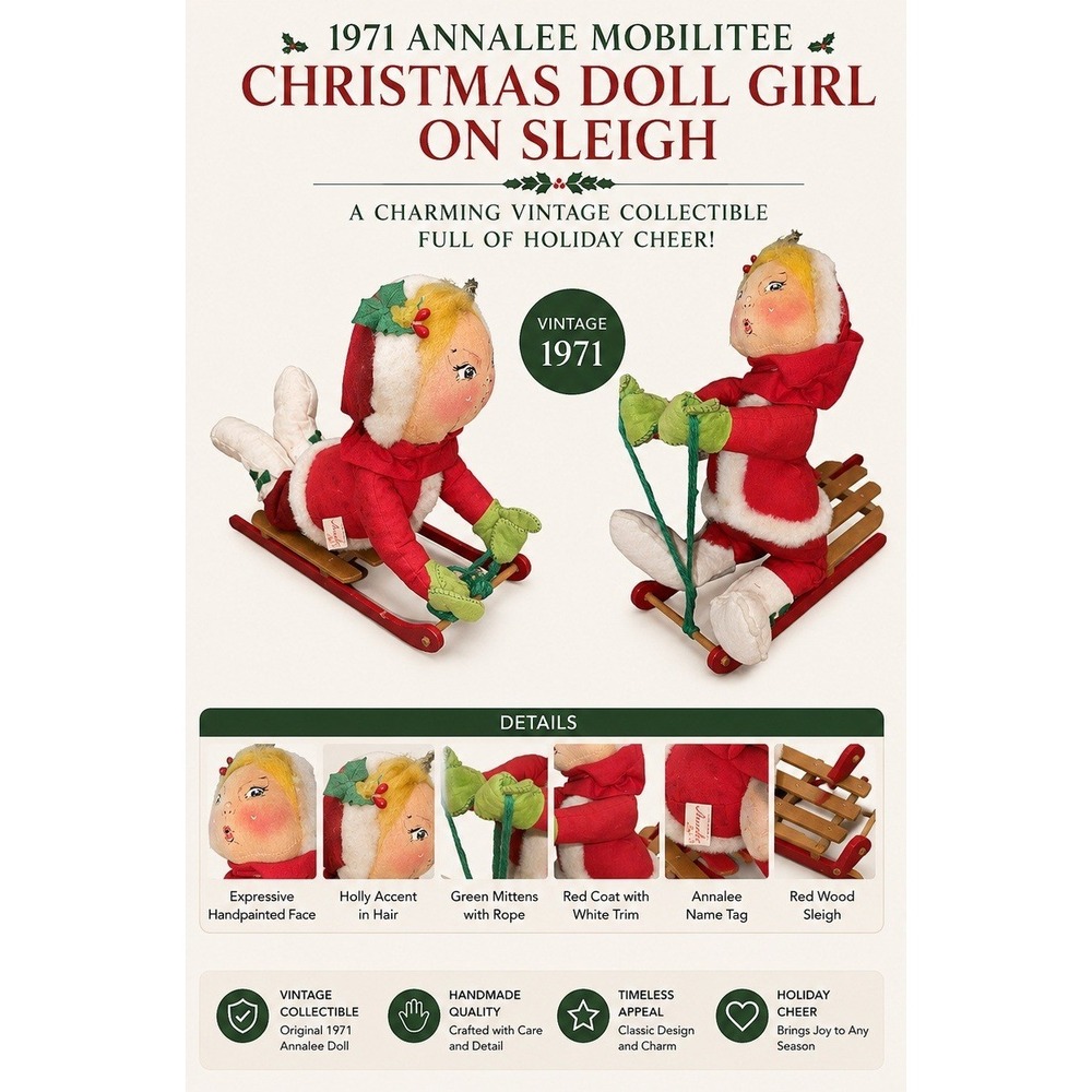 Vintage 1971 Annalee Mobilitee Doll Girl on Wooden Sled Christmas Decor Red Felt